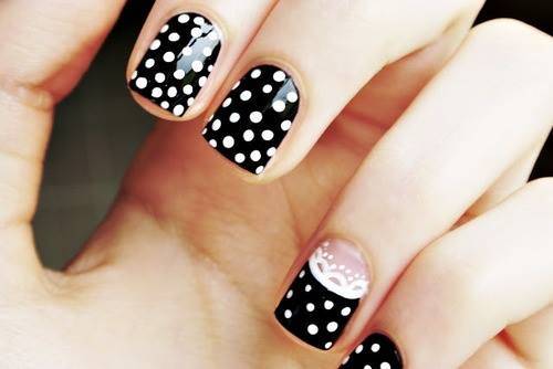 Black Base with White Polka Dot Nail Design