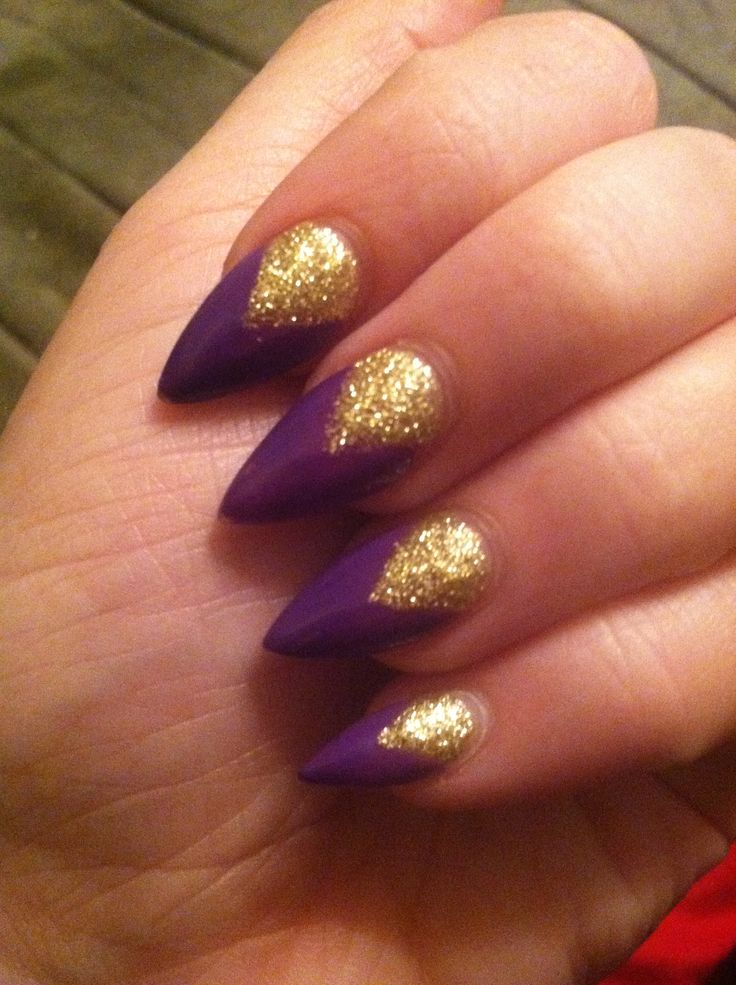 Purple and Gold Stiletto Nails