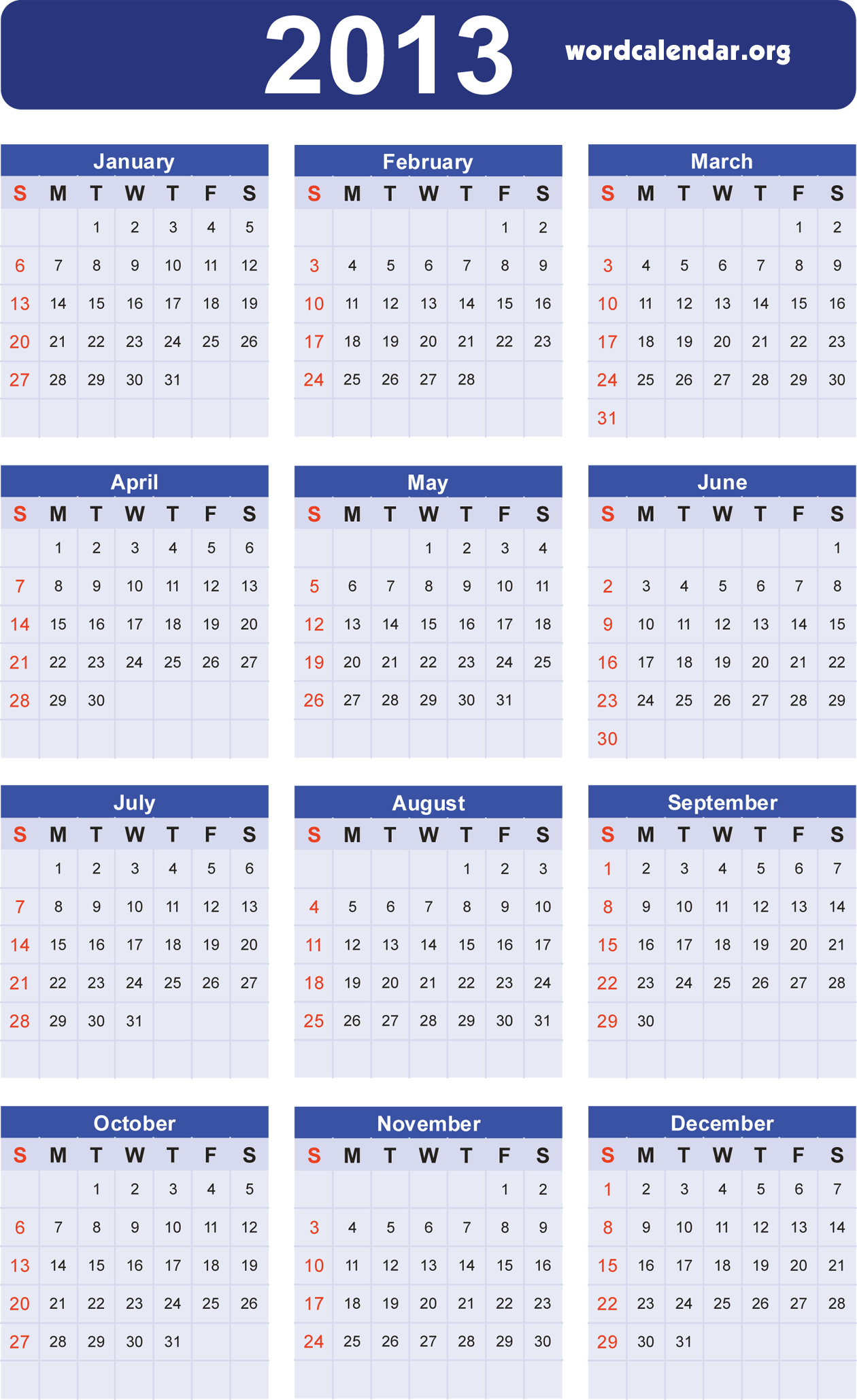 2013 Printable 12 Month Calendar