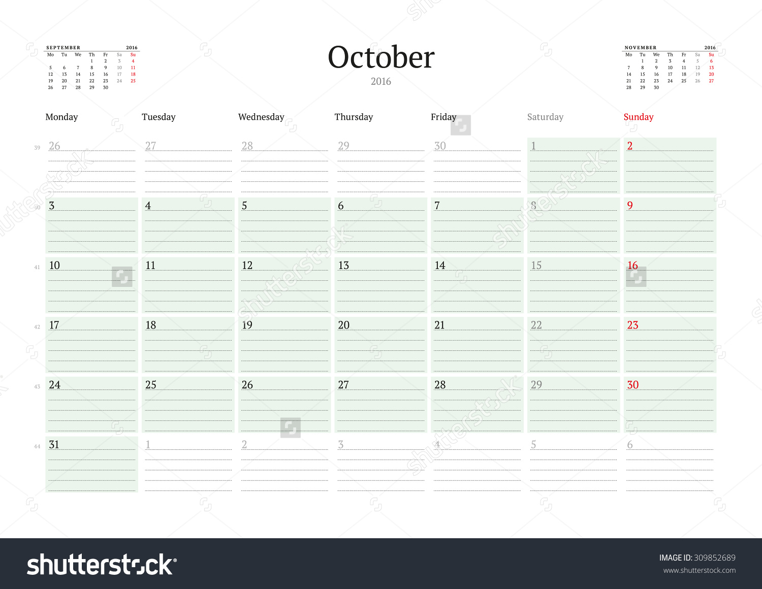 2016 Monthly Calendar Printable Monday Start