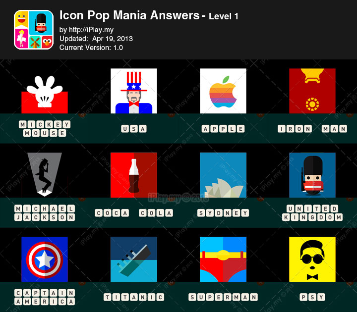 Icon Pop Mania Answers Level 1
