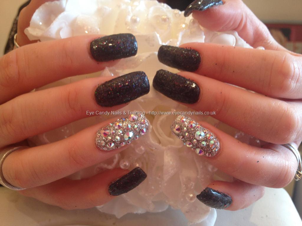 Black Acrylic Nails with Glitter Ring Finger