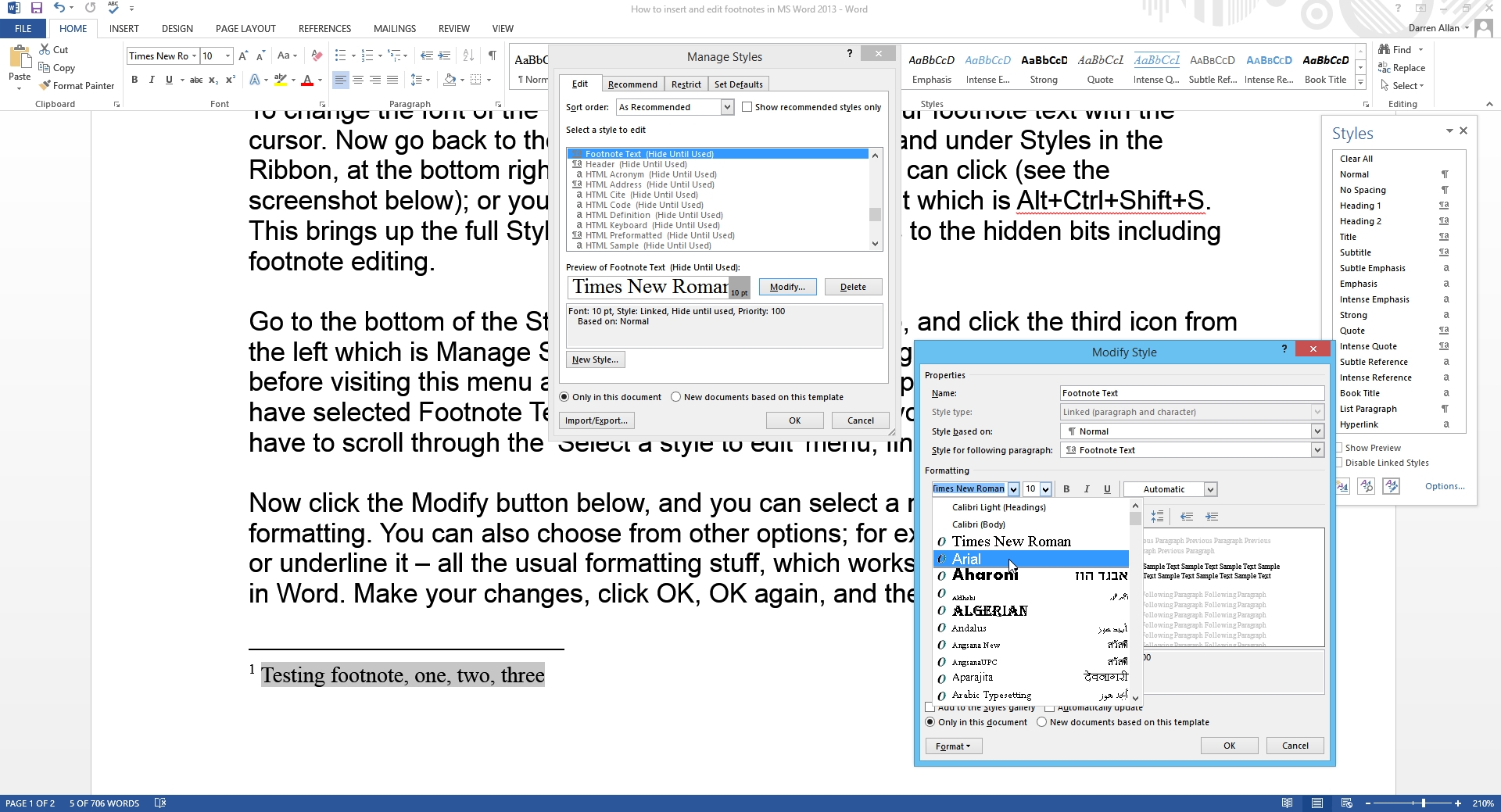 How to Modify a Footnote in Word 2013 Text