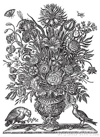 Victorian Flowers and Vase Drawing