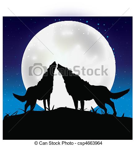 Wolf Howling at Full Moon Clip Art